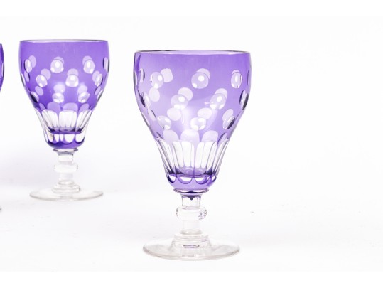 Set Of Seven Bohemian Amethyst Cut To Clear Goblets