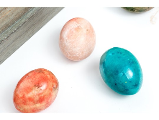 Decorative Twin Handled Tray With Ten Carved Stone Eggs