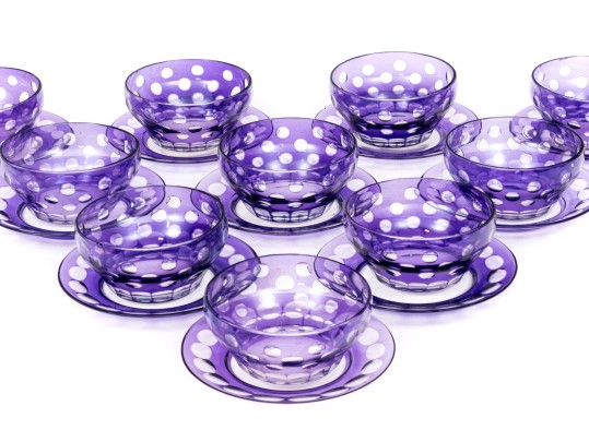 Set Of Ten Bohemian Style Amethyst To Clear Cut Bowls With Plates