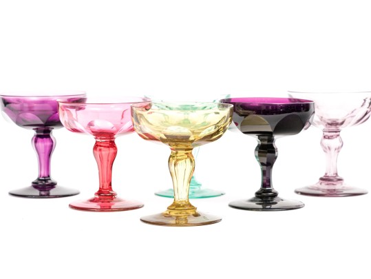 Set Of Six Colorful Stemmed Champagne Coupes