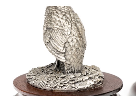 Set Of Two Robert K. Davis Chilmark Pewter Bobwhite Quails On Wood Stands