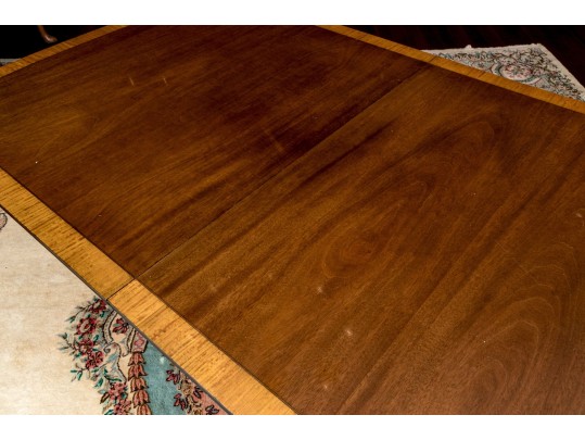 George III Style Twin Pedestal Satinwood Banded Mahogany Dining Table