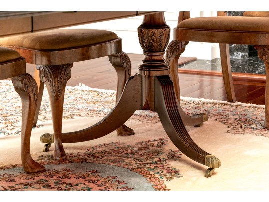 George III Style Twin Pedestal Satinwood Banded Mahogany Dining Table