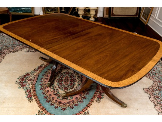 George III Style Twin Pedestal Satinwood Banded Mahogany Dining Table
