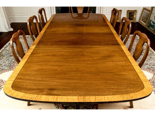 George III Style Twin Pedestal Satinwood Banded Mahogany Dining Table