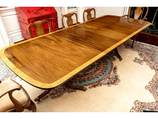 George III Style Twin Pedestal Satinwood Banded Mahogany Dining Table