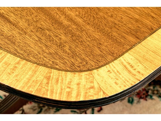 George III Style Twin Pedestal Satinwood Banded Mahogany Dining Table