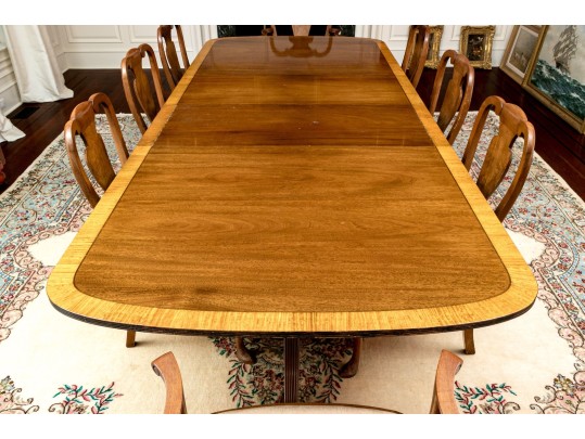 George III Style Twin Pedestal Satinwood Banded Mahogany Dining Table
