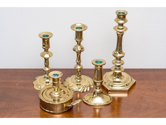 Assembled Lot Of Five Brass Candlesticks