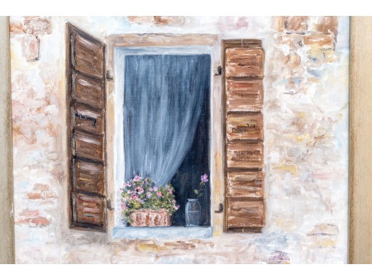 R. M. Rosina Signed Oil On Board, View Of A Window, 1996