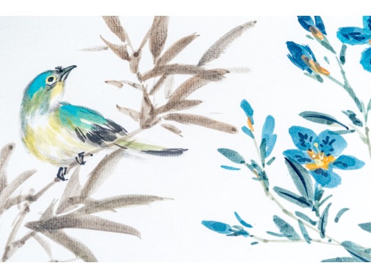 Set Of Two Japanese Paintings On Paper, Bird On Branches