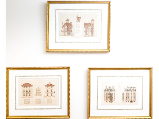 Set Of Three Architectural Lithographs In Color