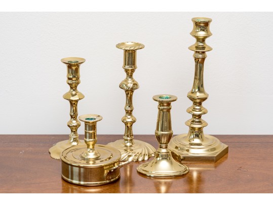 Assembled Lot Of Five Brass Candlesticks