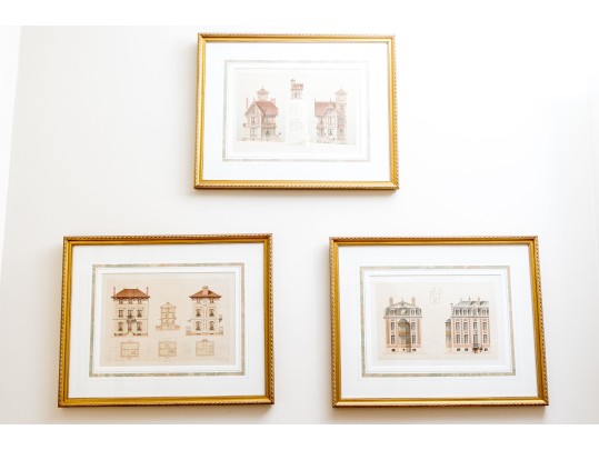 Set Of Three Architectural Lithographs In Color