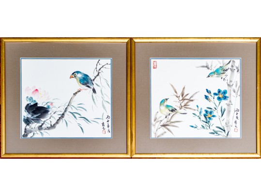 Set Of Two Japanese Paintings On Paper, Bird On Branches