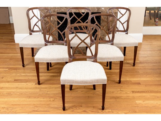Set Of Six Custom Upholstered Hepplewhite Style Dining Chairs