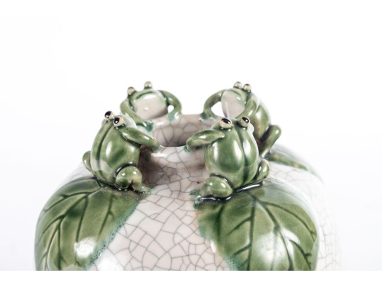 Fun Vintage Majolica Frog And Leaf Crackle Glazed Vase