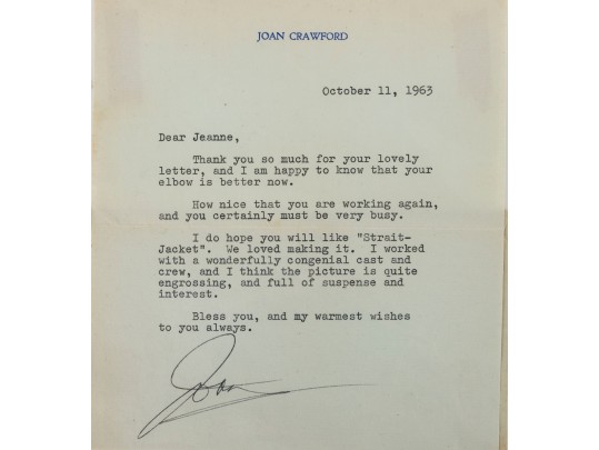 Joan Crawford Typed And Signed Letter, 1963