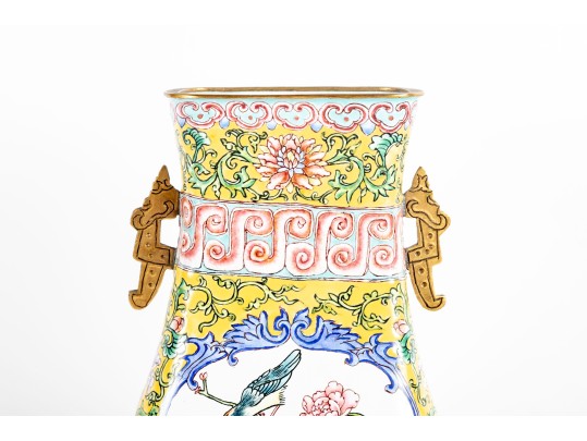 Chinese Cantonese Enameled Brass Vase