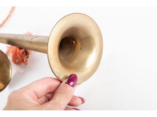 Set Of Vintage Brass Herald Trumpets With Tassel Ropes