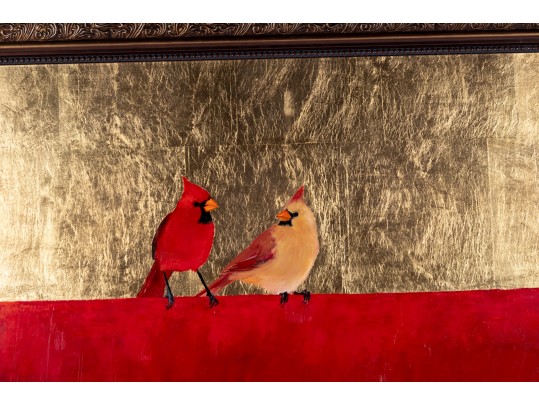 Framed Cardinal Pair Oil On Canvas Painting