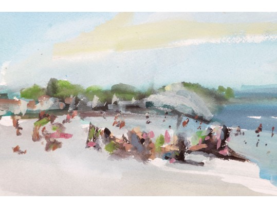 Framed Watercolor Beachside Landscape -- Signed