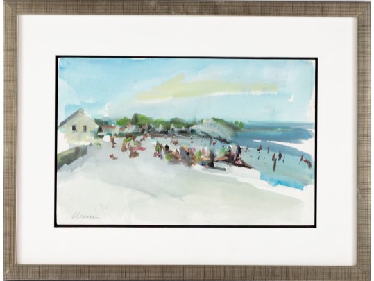 Framed Watercolor Beachside Landscape -- Signed