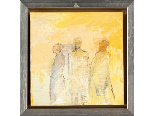 Mary B. Harrington (American, 20th C.) Mixed Media On Board, Three Figures In Yellow