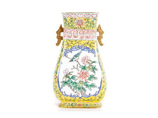 Chinese Cantonese Enameled Brass Vase