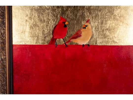 Framed Cardinal Pair Oil On Canvas Painting