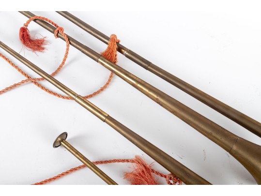 Set Of Vintage Brass Herald Trumpets With Tassel Ropes