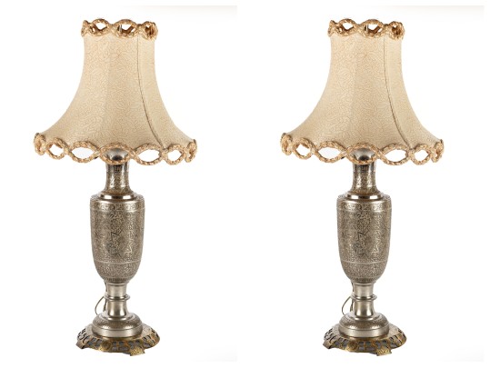 Pair Of Lavishly Hand-Chased Metal Table Lamps