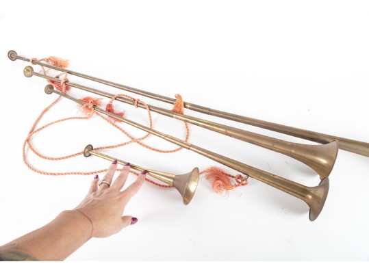 Set Of Vintage Brass Herald Trumpets With Tassel Ropes