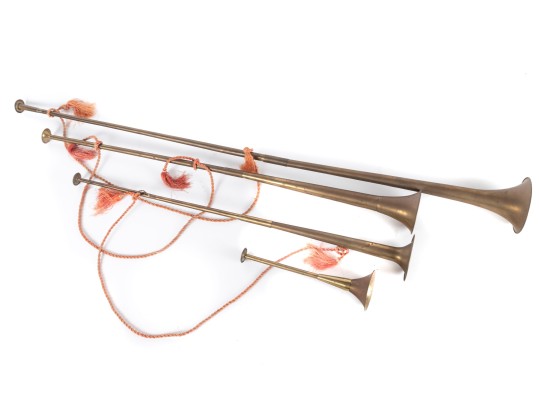 Set Of Vintage Brass Herald Trumpets With Tassel Ropes