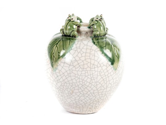 Fun Vintage Majolica Frog And Leaf Crackle Glazed Vase