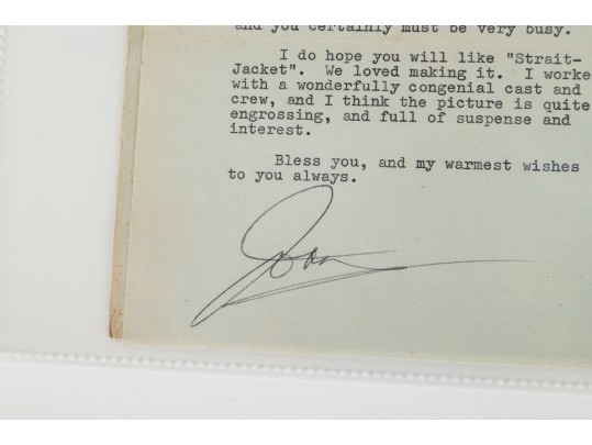 Joan Crawford Typed And Signed Letter, 1963