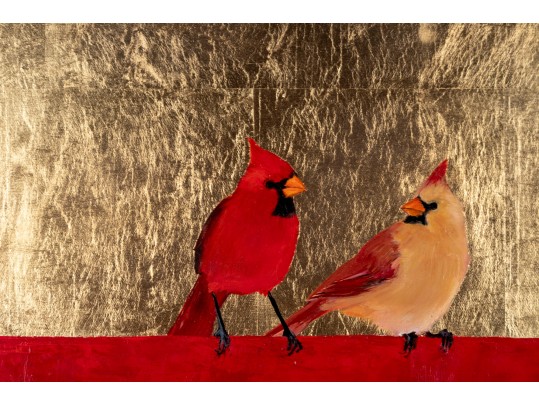 Framed Cardinal Pair Oil On Canvas Painting