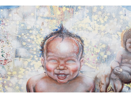 Michael Johnson (American, B. 1938) Large Mixed Media On Board, Collage Of Figures