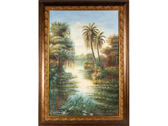 Signed K. Hillman Oil On Canvas, Tropical Landcape