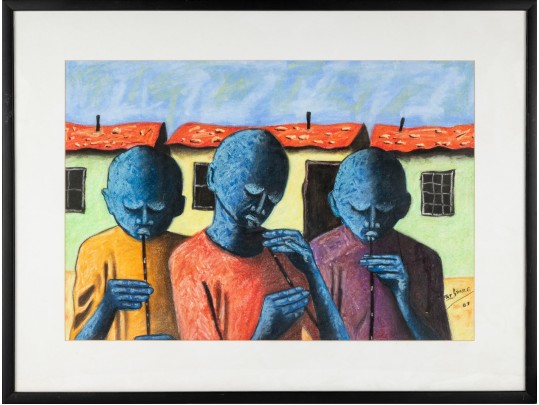 Pat Sithole (South African, B. 1970) Pastel On Paper, Three Musicians, 2007