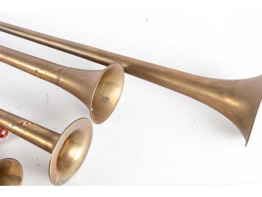 Set Of Vintage Brass Herald Trumpets With Tassel Ropes