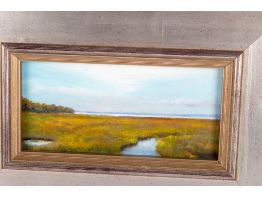 Small Oil On Board Marshlands Painting -- Signed