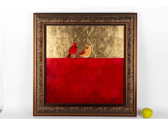 Framed Cardinal Pair Oil On Canvas Painting