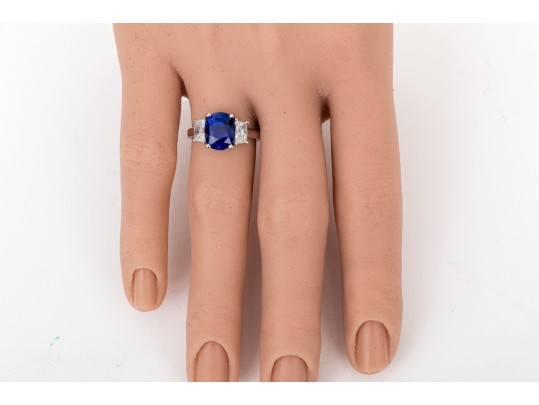 Platinum Beautiful Sapphire And Diamond Three Stone Ring, Size 5.75