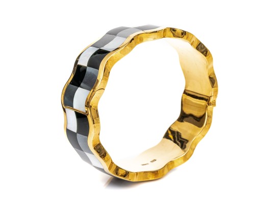 Tiffany & Co. 18k Yellow Gold Angela Cummings Fabulous Inlaid Wave Bangle, With Box