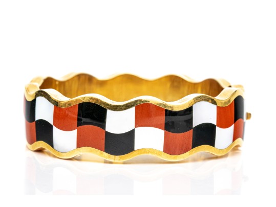 Tiffany & Co. 18k Yellow Gold Angela Cummings Wonderful Inlaid Wave Bangle, With Box
