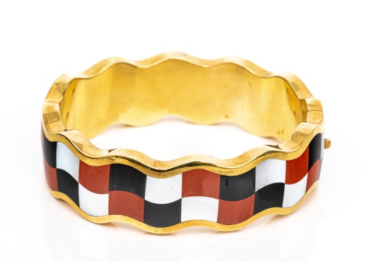 Tiffany & Co. 18k Yellow Gold Angela Cummings Wonderful Inlaid Wave Bangle, With Box