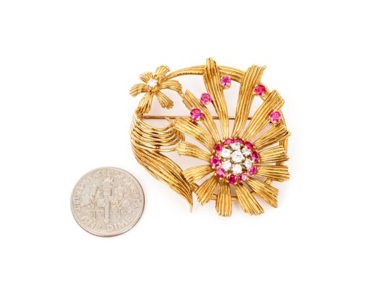 Karbra 14k Yellow Gold Magnificent Vintage Ruby And Diamond Flower Cluster Brooch