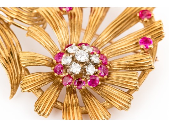 Karbra 14k Yellow Gold Magnificent Vintage Ruby And Diamond Flower Cluster Brooch