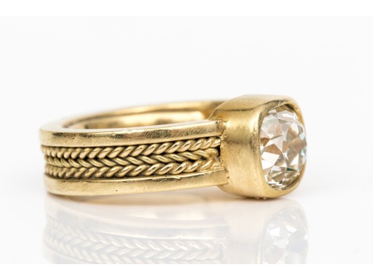 18k Yellow Gold Gorgeous Handmade Ring With Bezel Set Diamond, Size 5.75